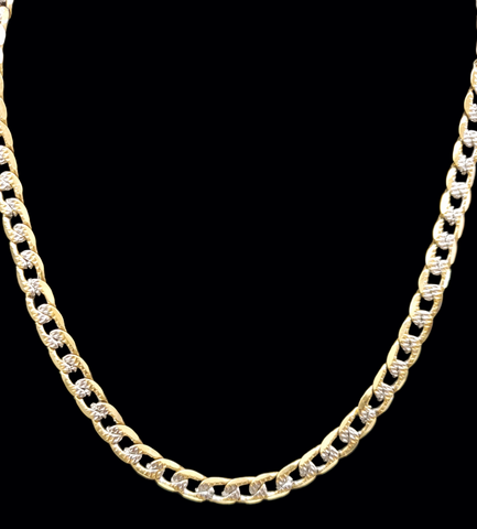 Gold Plated Two Tone Cuban Curb Link Necklace Chain. Adorn yourself in sophisticated style with this luxurious Two Tone Cuban Curb Link Necklace Chain. Crafted with a curved and elongated link design for an elegant look, this dazzling necklace will keep you looking your best. Enjoy the glimmer of the two tone finish as it sparkles against the light. Make a statement without breaking the bank!