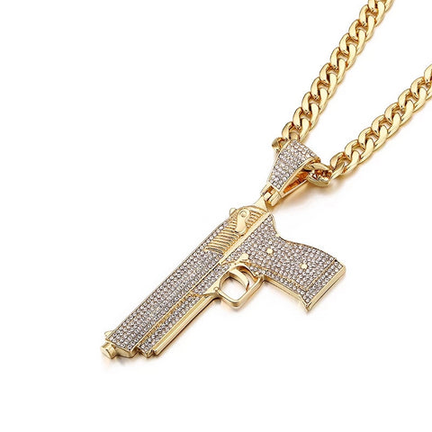 Iced Out Pistol Gun Necklace Pendant With Cuban Link Chain For Men