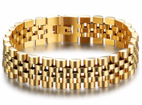Men's Stainless Steel Gold Rolex Style Presidential Jubilee Bracelet. Take your style to the next level with this stainless steel Presidential Jubilee-style bracelet. Crafted with precision for a classic look, this bracelet is perfect for completing any look. Elevate your style with this timeless bracelet.