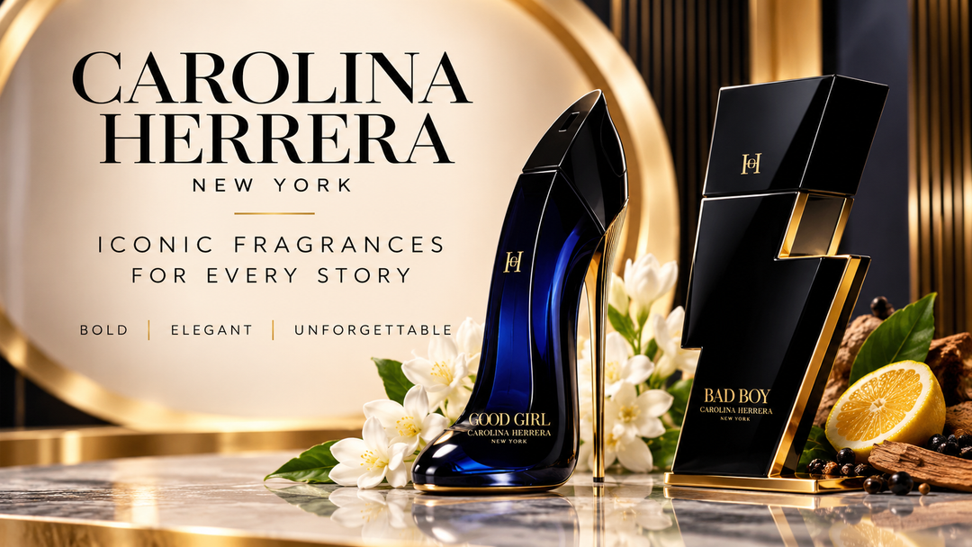 Carolina Herrera fragrances with Good Girl and Bad Boy perfume bottles in a luxury display