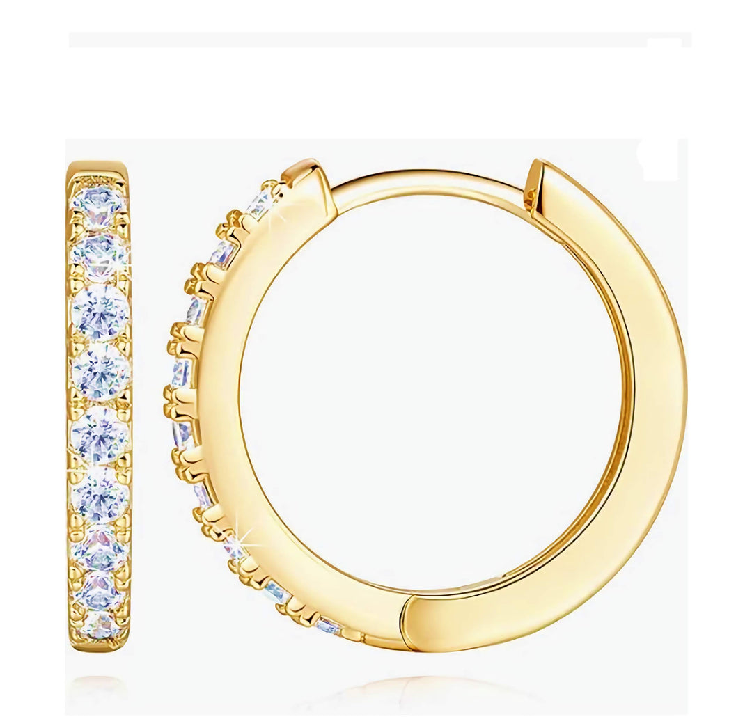 14k Gold Plated Huggie Hoop Earrings with Cubic Zirconia for Women and Men 14mm Hoops Cartilage Earlobe Piercing