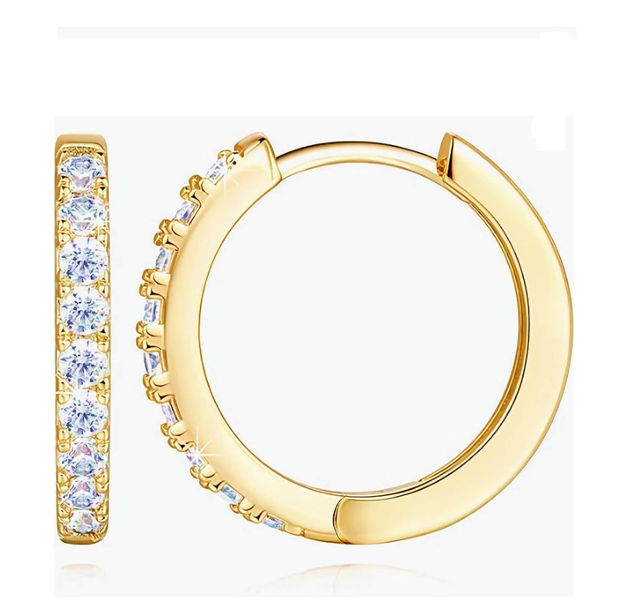 14k Gold Plated Huggie Hoop Earrings with Cubic Zirconia for Women and Men 14mm Hoops Cartilage Earlobe Piercing