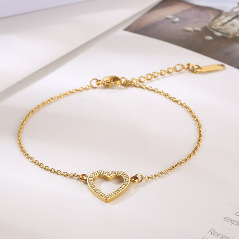  Stainless Steel Heart Bracelet Inlaid Zircon Gold Plated