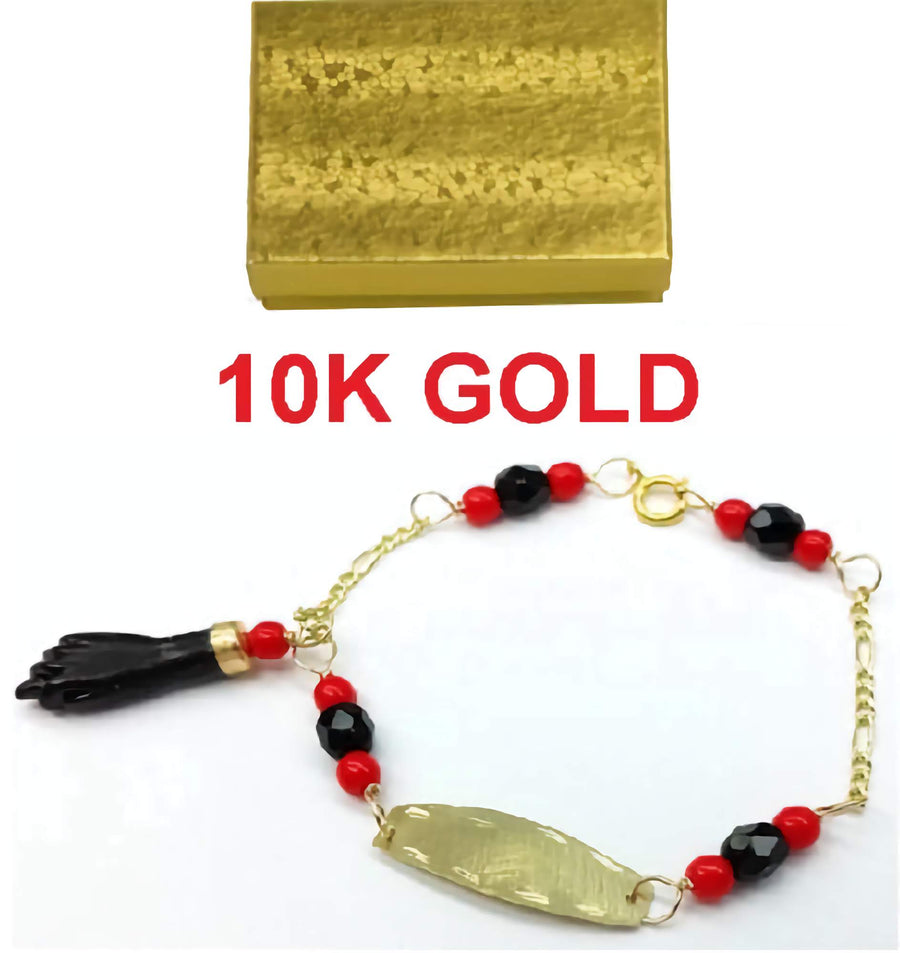 10K Solid Gold Azabache Bracelet for newborn babies to protect them from the evil eye.  With red and black beads and nameplate.