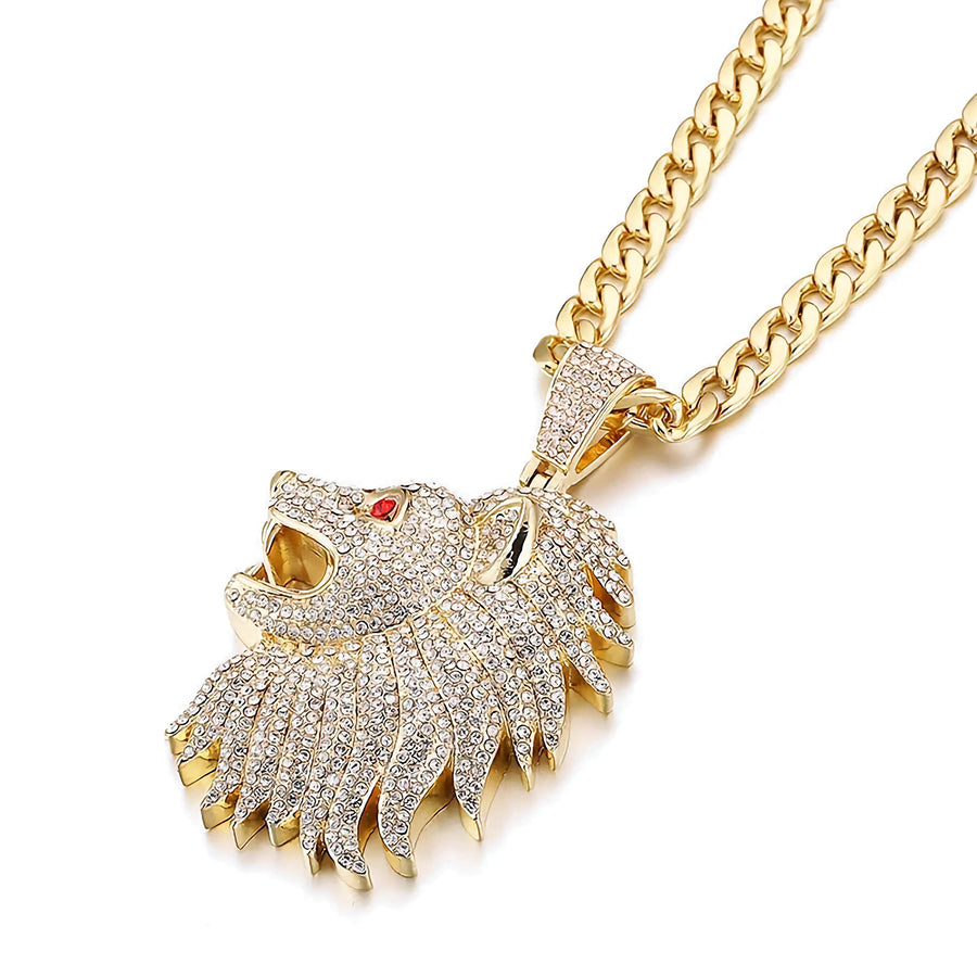 Large Lion Head Pendant Iced Out Necklace With Chain For Men.  
