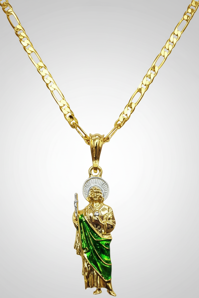 Saint Jude Tadeo Necklace 20" Figaro Chain 14K Gold Plated Cadena de San Judas Tadeo Medalla de San Juditas Oro Laminado Para Hombre Mujer