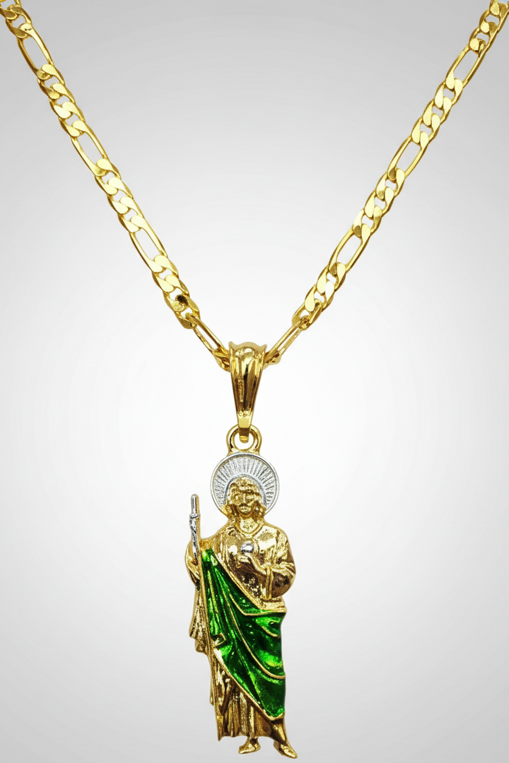 Saint Jude Tadeo Necklace 20" Figaro Chain 14K Gold Plated Cadena de San Judas Tadeo Medalla de San Juditas Oro Laminado Para Hombre Mujer