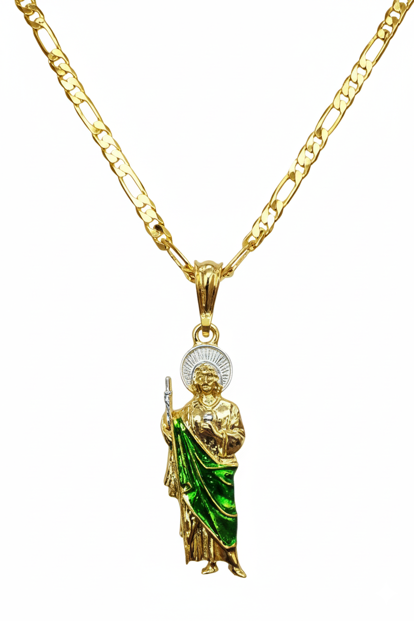 Gold necklace with a green religious  saint jude pendant on a white background