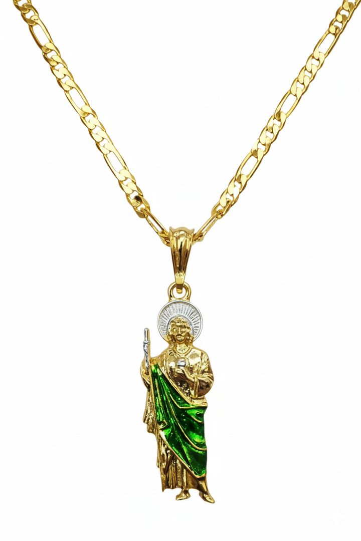 Gold necklace with a green religious  saint jude pendant on a white background