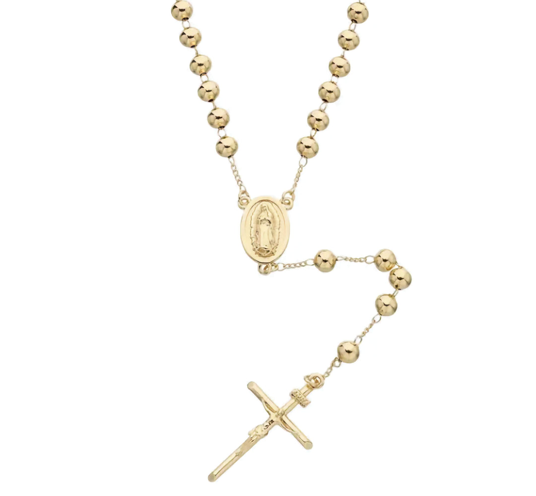 Catholic Rosary Pray Beads Necklace with Virgin Mary Medallion Cross Crucifix 14k Gold Plated