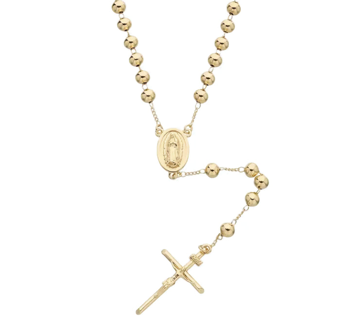 Catholic Rosary Pray Beads Necklace with Virgin Mary Medallion Cross Crucifix 14k Gold Plated