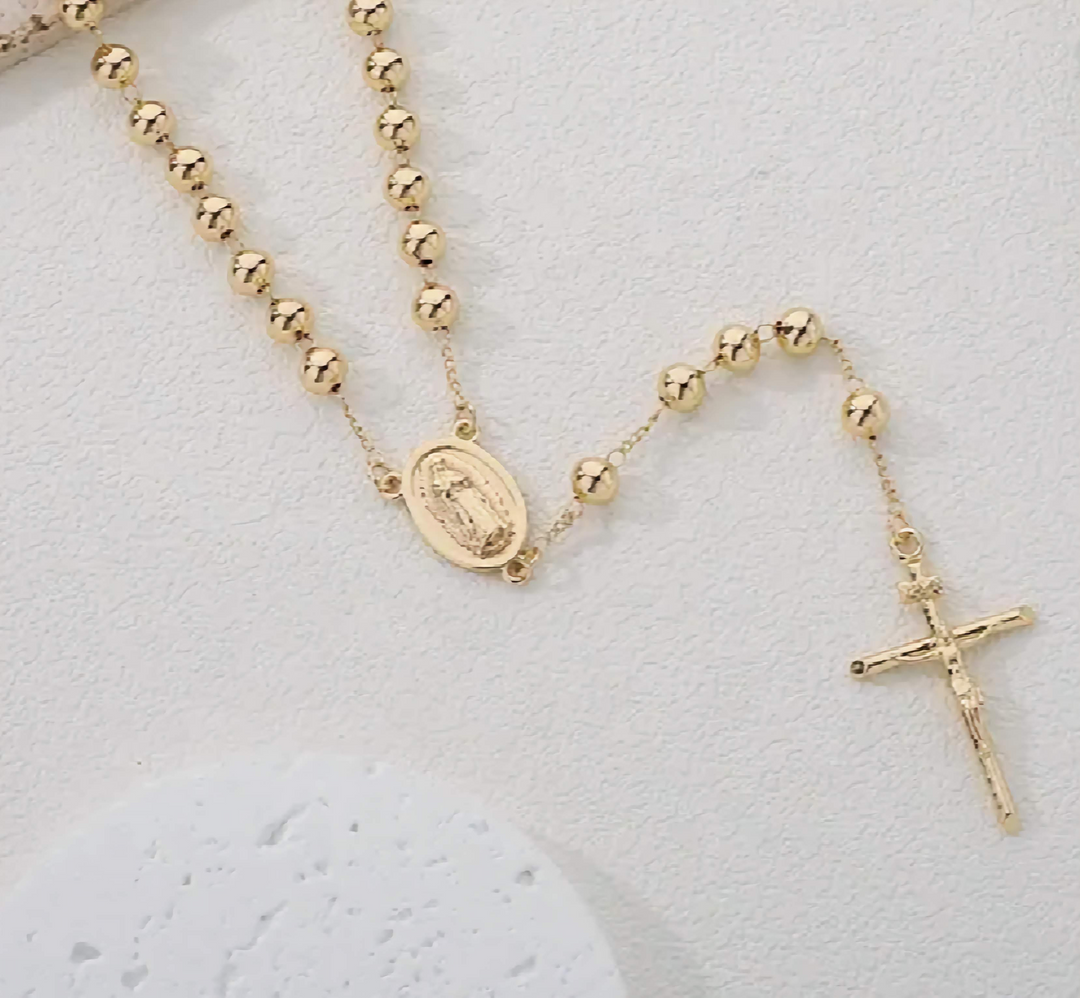 Catholic Rosary Pray Beads Necklace with Virgin Mary Medallion Cross Crucifix 14k Gold Plated