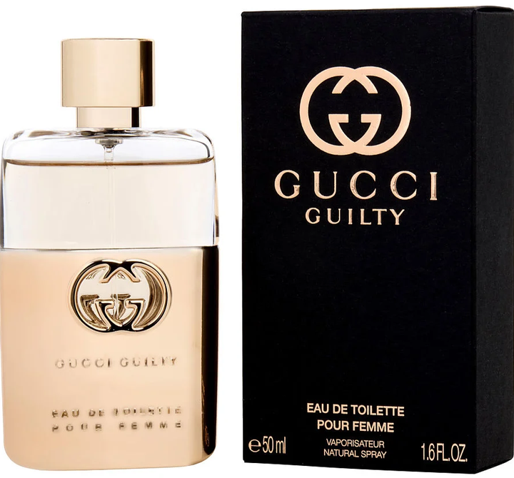 Gucci Guilty perfume bottle and packaging on a white background