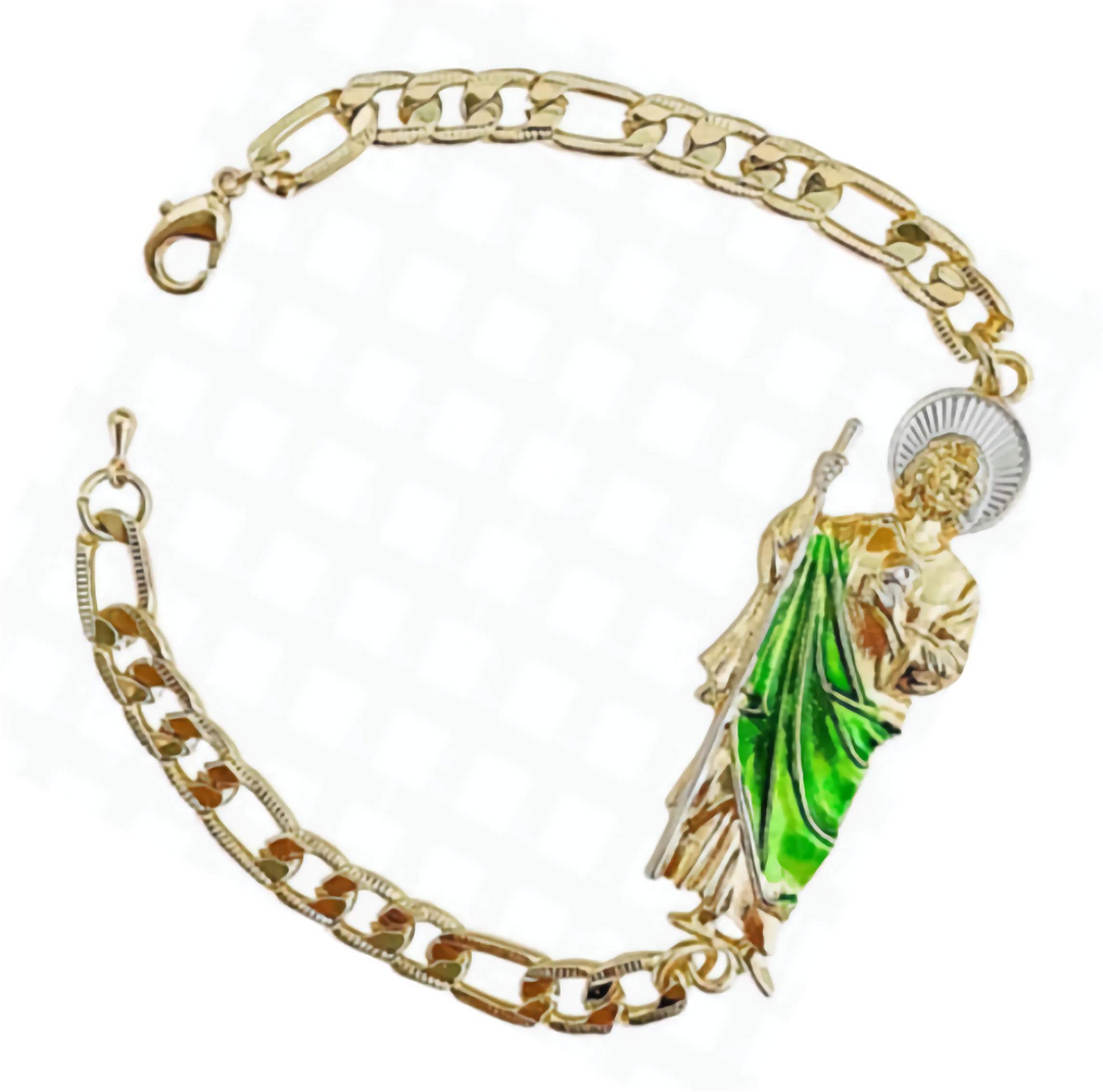 Gold Plated Saint Jude Figaro Chain ID Bracelet For Women Men, Esclava Brazalete San Judas Oro Laminado Manilla de San Judas Tadeo Mexico Para Hombre Mujer
