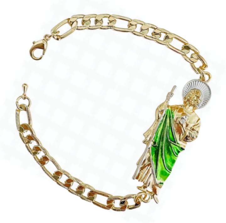 Gold Plated Saint Jude Figaro Chain ID Bracelet For Women Men, Esclava Brazalete San Judas Oro Laminado Manilla de San Judas Tadeo Mexico Para Hombre Mujer