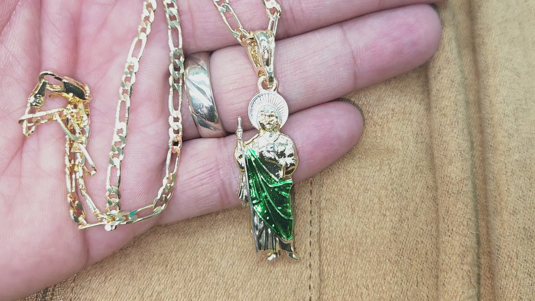 Saint Jude Tadeo Necklace  Figaro Chain 14K Gold Plated Cadena de San Judas Tadeo Medalla de San Judita Oro Laminado Para Hombre Mujer