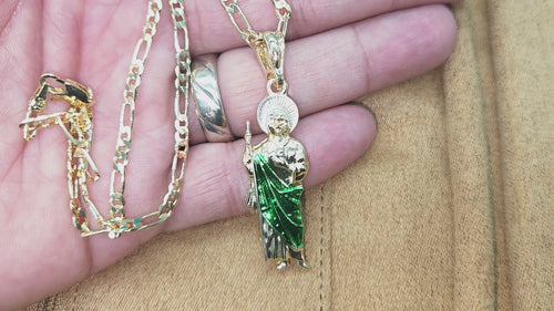 Saint Jude Tadeo Necklace  Figaro Chain 14K Gold Plated Cadena de San Judas Tadeo Medalla de San Judita Oro Laminado Para Hombre Mujer