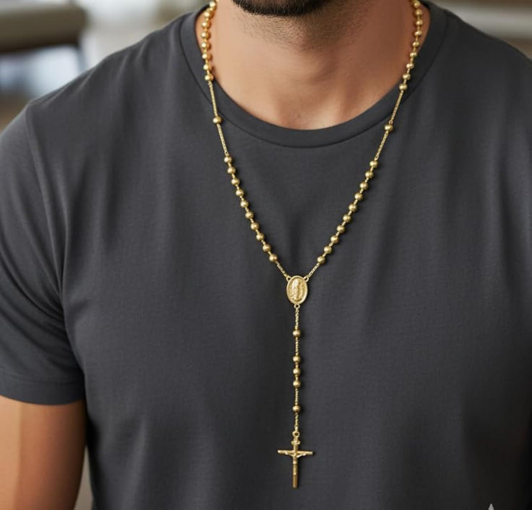 Catholic Rosary Pray Beads Necklace with Virgin Mary Medallion Cross Crucifix 14k Gold Plated