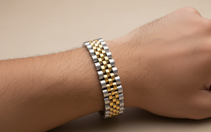 Two-tone silver and gold Men's Stainless Steel Presidential Jubilee Style Bracelet on a wrist against a neutral background