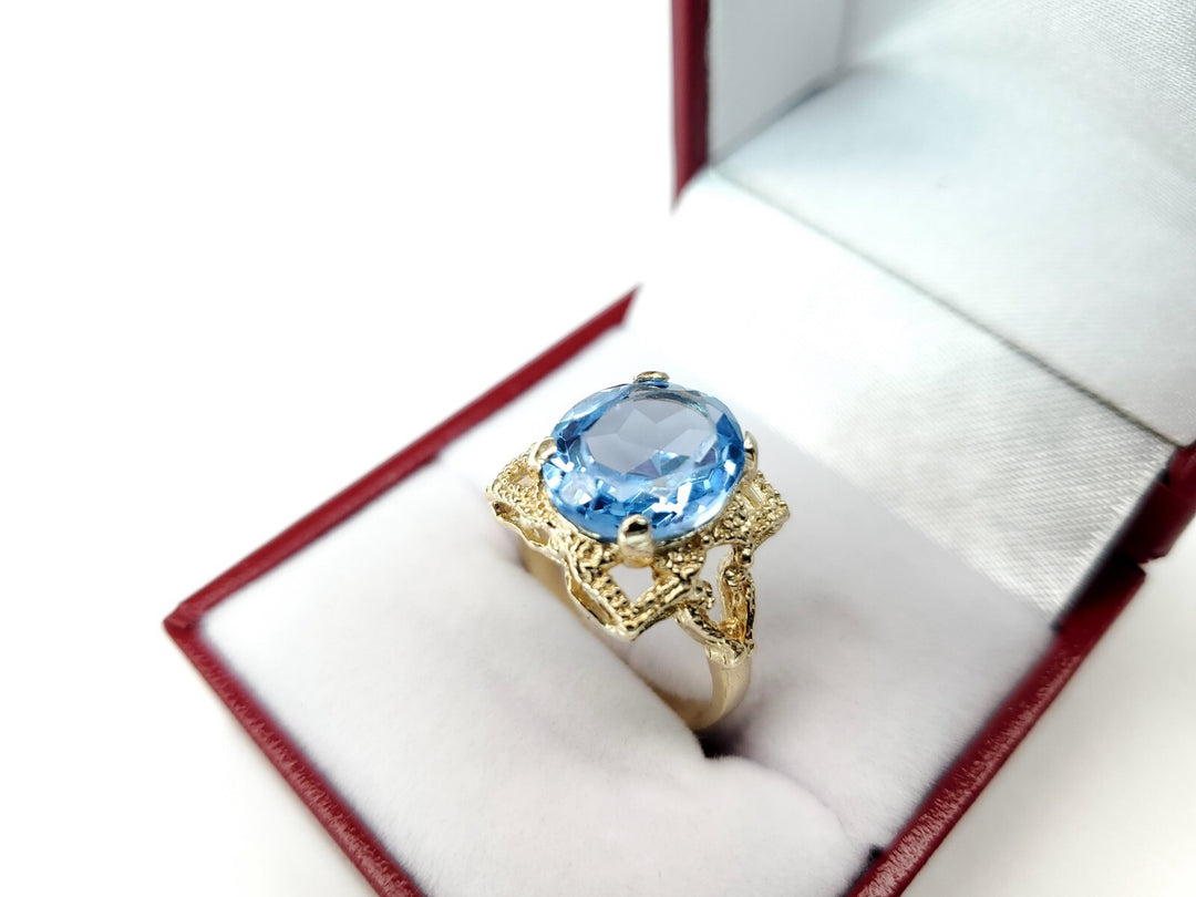 Vintage 14k Gold 5.00CT Oval Blue Topaz Estate Ring Size 8