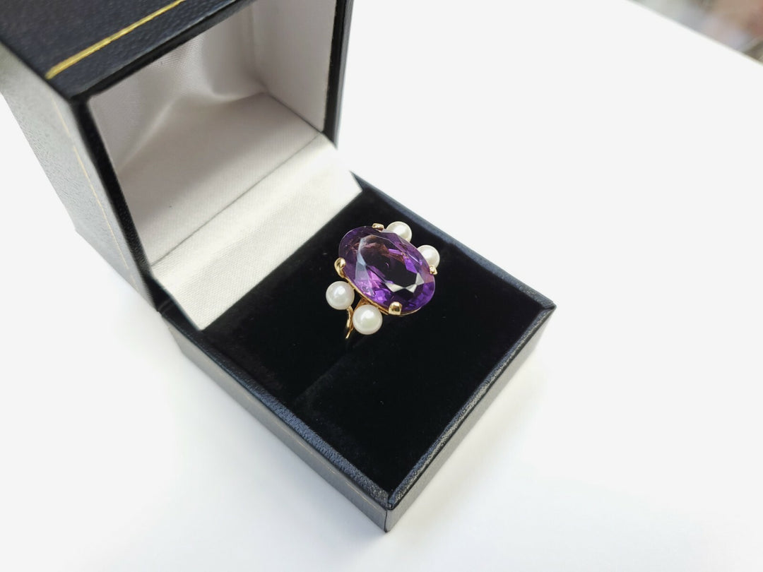 VINTAGE AMETHYST AND PEARLS RING 14K SOLID YELLOW GOLD SIZE 5.5
