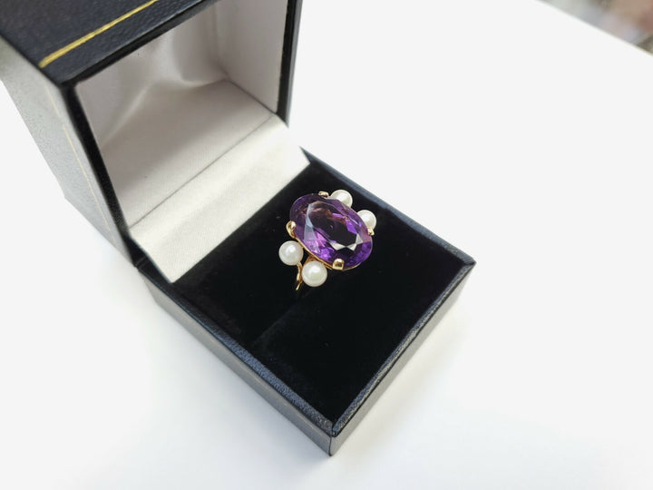 VINTAGE AMETHYST AND PEARLS RING 14K SOLID YELLOW GOLD SIZE 5.5