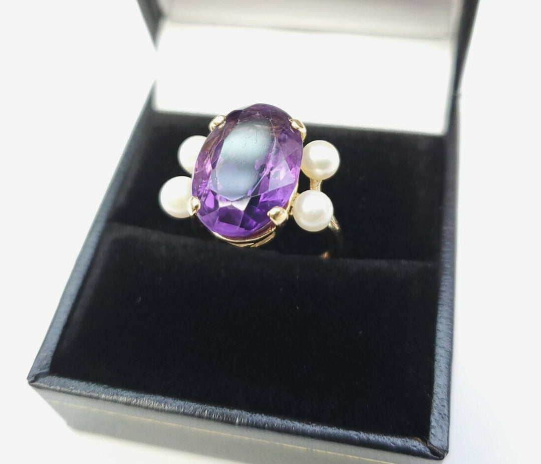 VINTAGE AMETHYST AND PEARLS RING 14K SOLID YELLOW GOLD SIZE 5.5