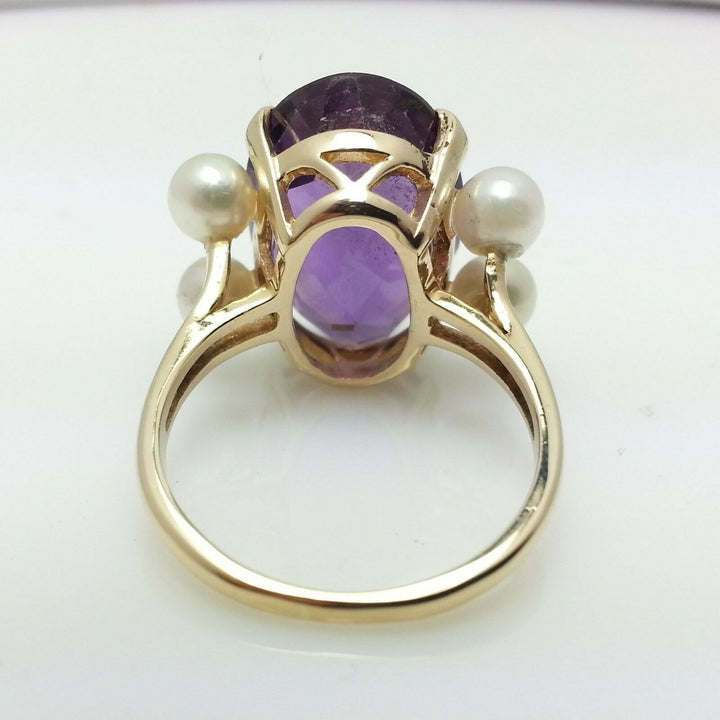 VINTAGE AMETHYST AND PEARLS RING 14K SOLID YELLOW GOLD SIZE 5.5