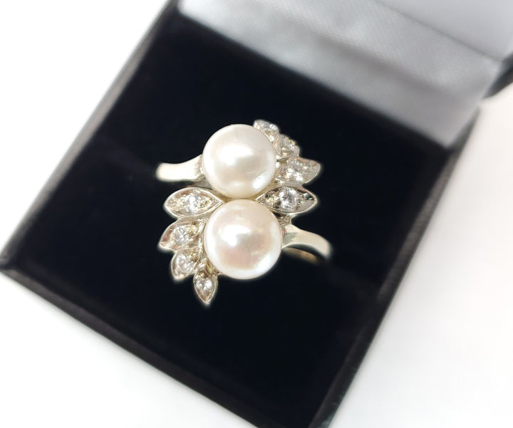 Vintage Art Deco 14k Gold Pearls And Diamonds Ring Leaves Design Size 9.5