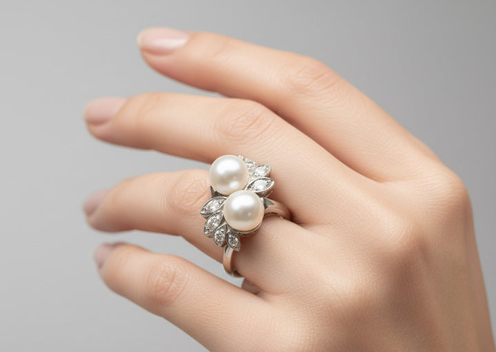 Vintage Art Deco 14k Gold Pearls And Diamonds Ring Leaves Design Size 9.5