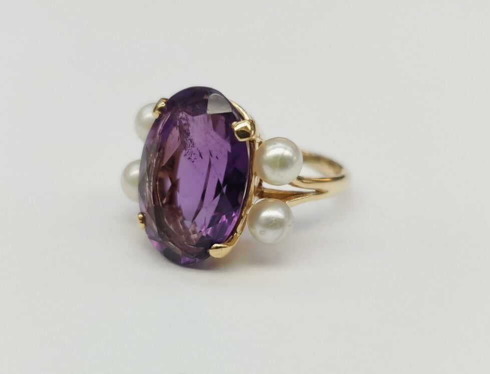 VINTAGE AMETHYST AND PEARLS RING 14K SOLID YELLOW GOLD SIZE 5.5