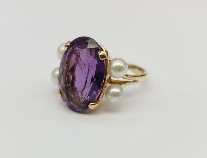 VINTAGE AMETHYST AND PEARLS RING 14K SOLID YELLOW GOLD SIZE 5.5