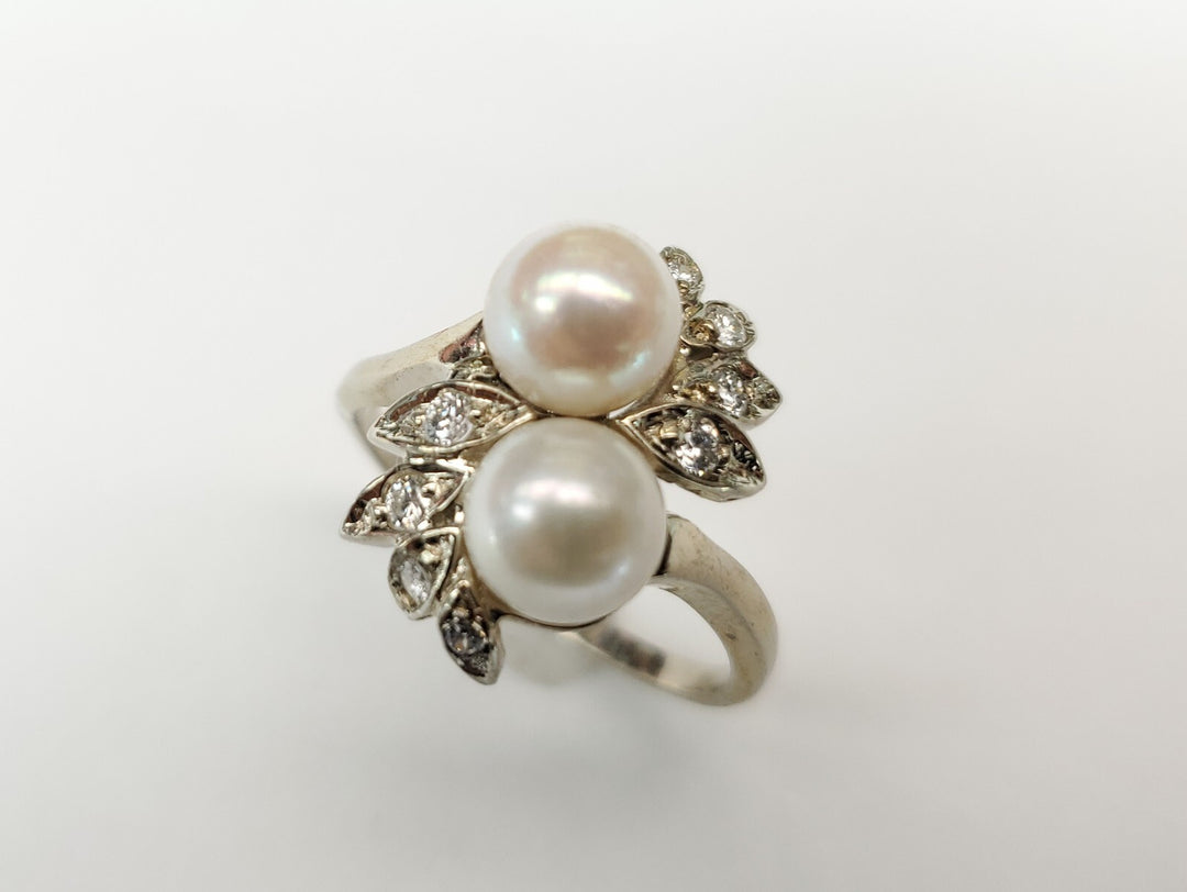 Vintage Art Deco 14k Gold Pearls And Diamonds Ring Leaves Design Size 9.5