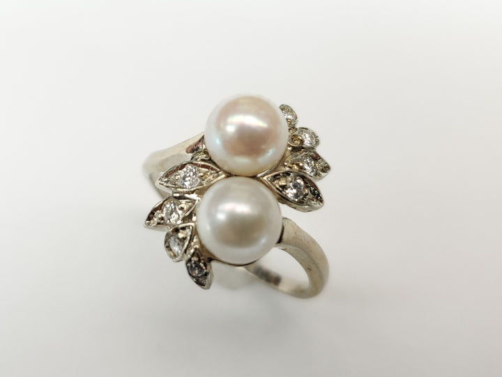 Vintage Art Deco 14k Gold Pearls And Diamonds Ring Leaves Design Size 9.5
