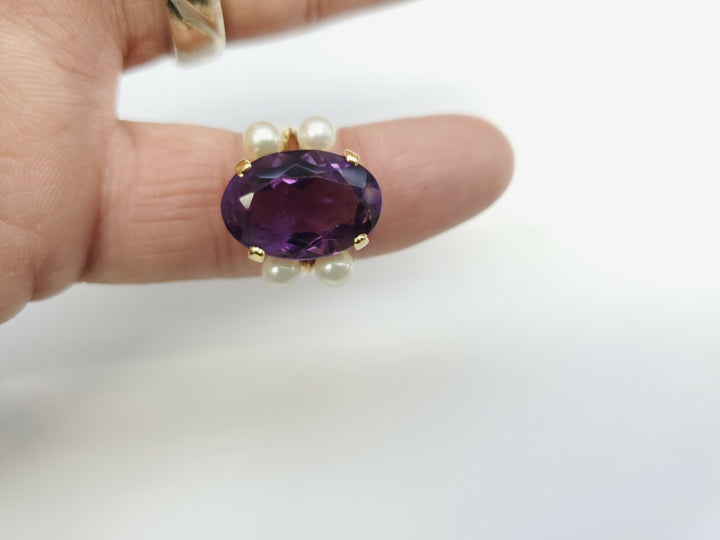 VINTAGE AMETHYST AND PEARLS RING 14K SOLID YELLOW GOLD SIZE 5.5