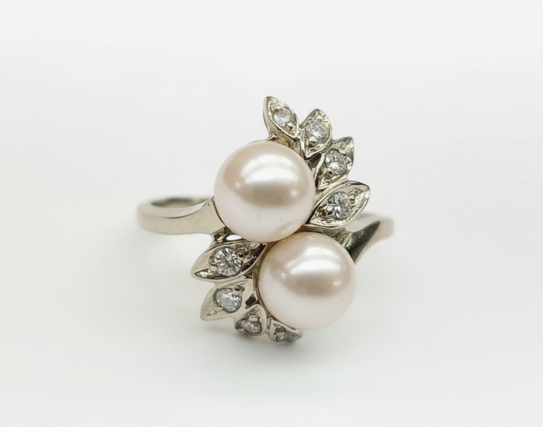 Vintage Art Deco 14k Gold Pearls And Diamonds Ring Leaves Design Size 9.5