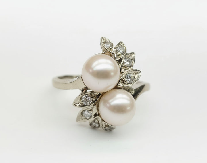 Vintage Art Deco 14k Gold Pearls And Diamonds Ring Leaves Design Size 9.5