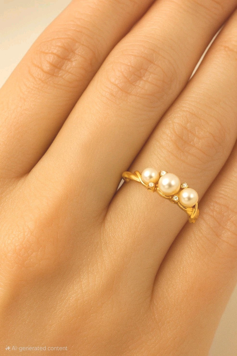 Gold ring with pearls on a hand against a neutral background