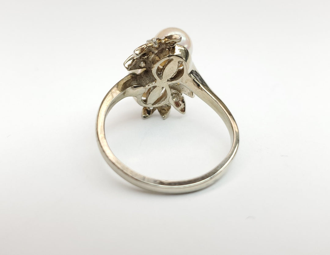 Vintage Art Deco 14k Gold Pearls And Diamonds Ring Leaves Design Size 9.5