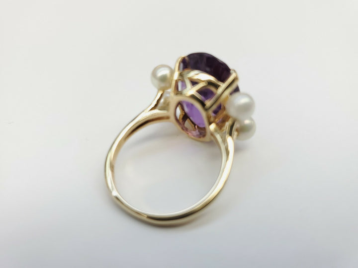 VINTAGE AMETHYST AND PEARLS RING 14K SOLID YELLOW GOLD SIZE 5.5