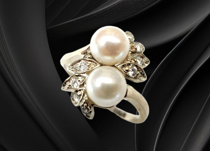Vintage Art Deco 14k Gold Pearls And Diamonds Ring Leaves Design Size 9.5