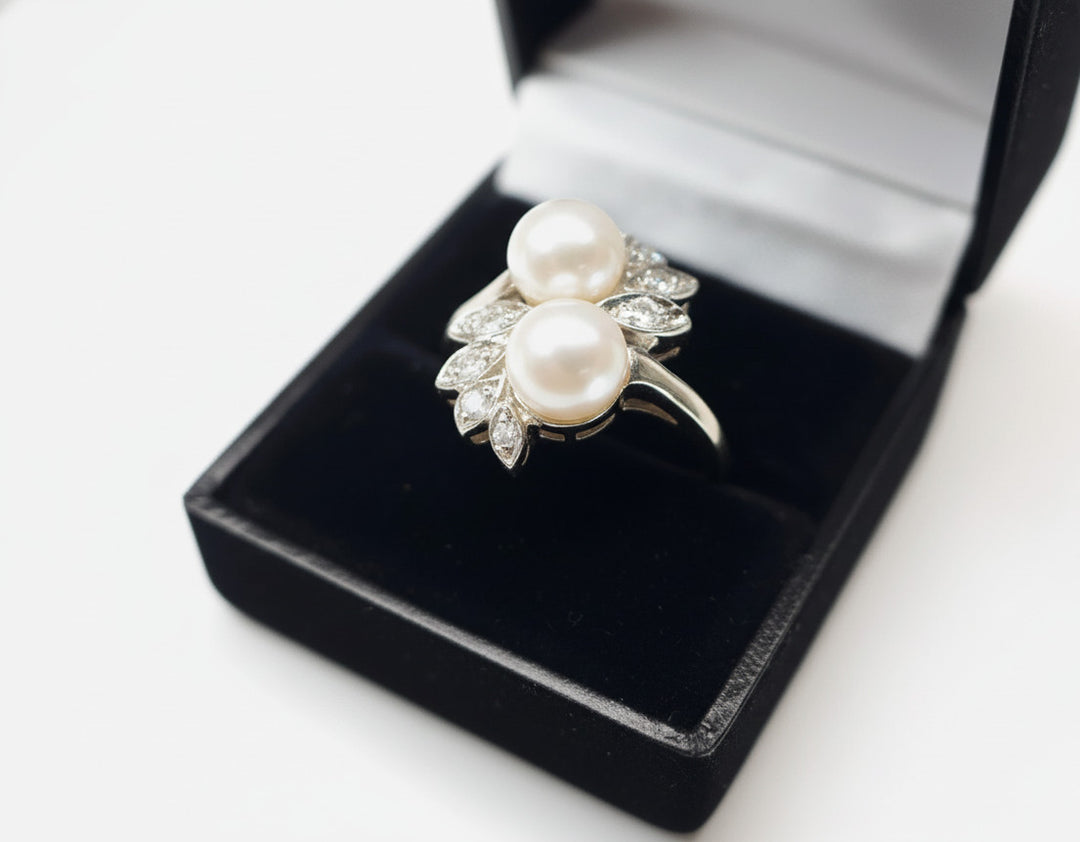 Vintage Art Deco 14k Gold Pearls And Diamonds Ring Leaves Design Size 9.5