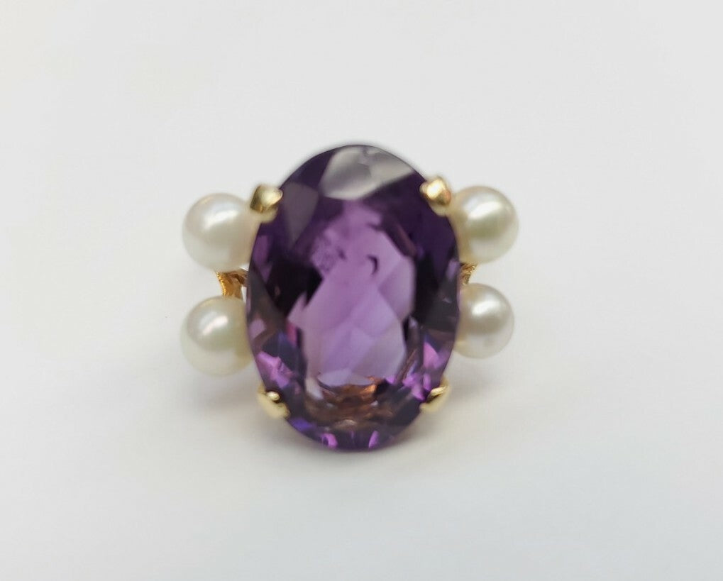 VINTAGE AMETHYST AND PEARLS RING 14K SOLID YELLOW GOLD SIZE 5.5