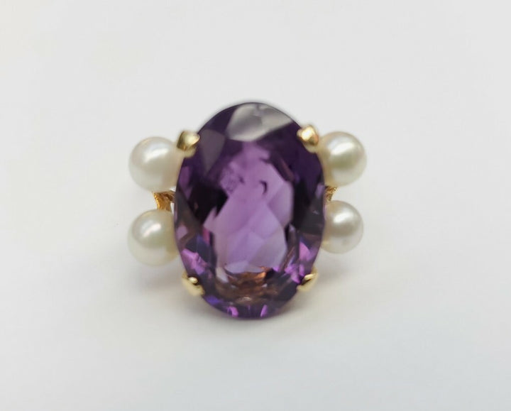 VINTAGE AMETHYST AND PEARLS RING 14K SOLID YELLOW GOLD SIZE 5.5