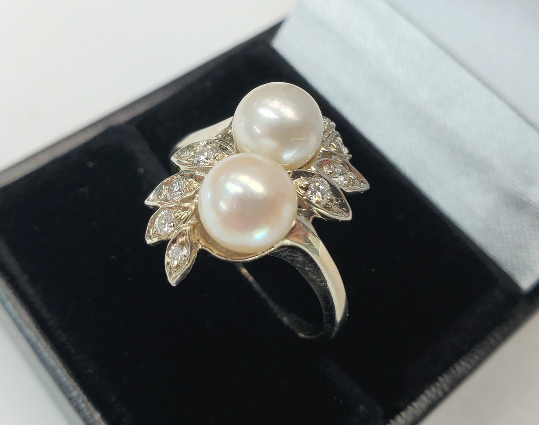 Vintage Art Deco 14k Gold Pearls And Diamonds Ring Leaves Design Size 9.5