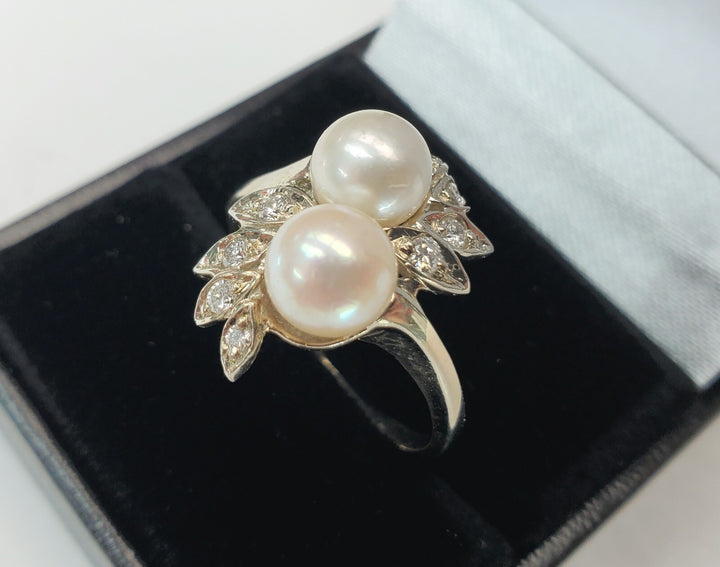 Vintage Art Deco 14k Gold Pearls And Diamonds Ring Leaves Design Size 9.5