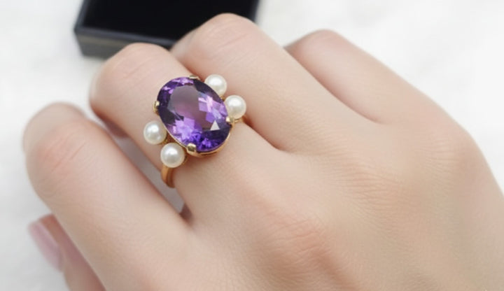 VINTAGE AMETHYST AND PEARLS RING 14K SOLID YELLOW GOLD SIZE 5.5