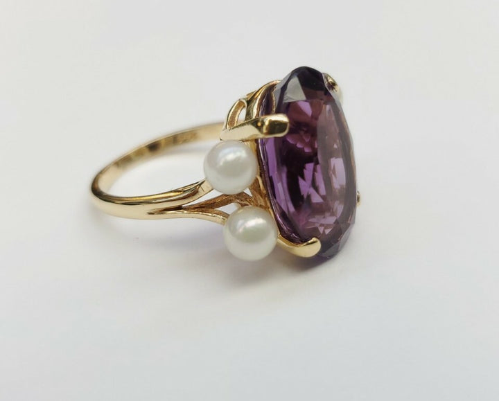 VINTAGE AMETHYST AND PEARLS RING 14K SOLID YELLOW GOLD SIZE 5.5