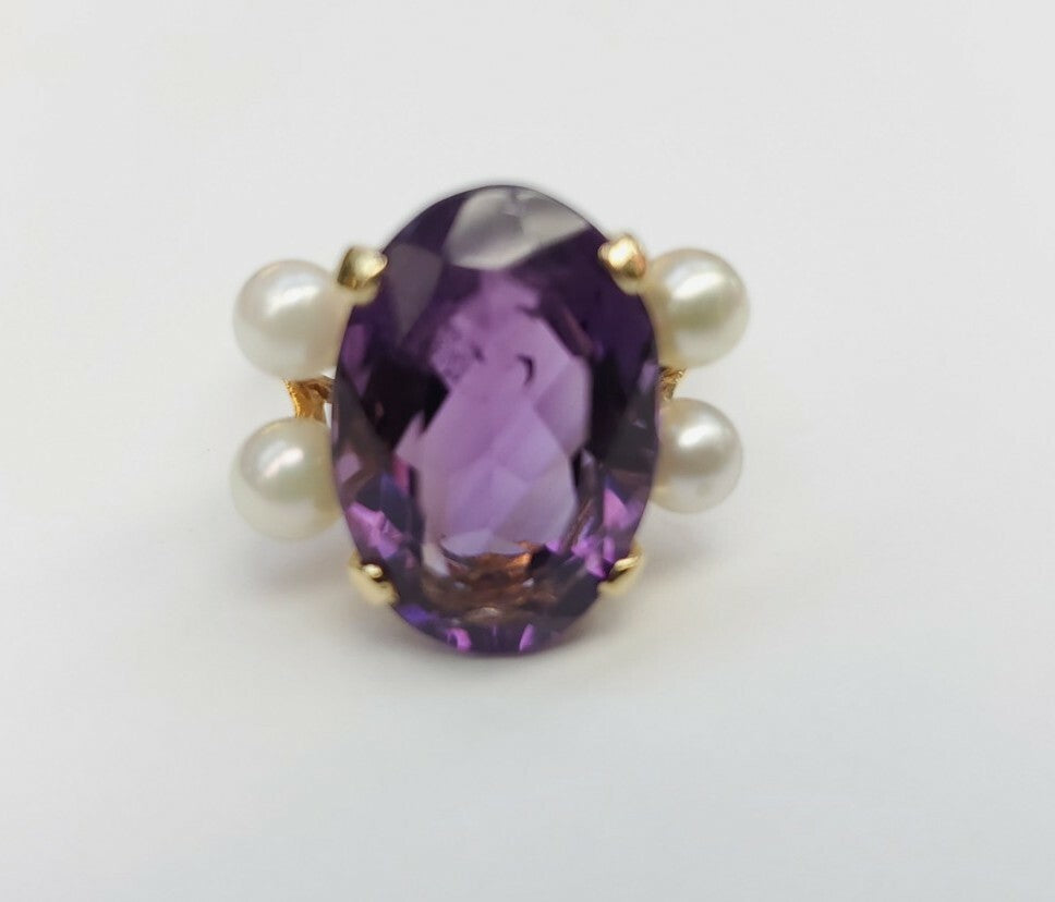 VINTAGE AMETHYST AND PEARLS RING 14K SOLID YELLOW GOLD SIZE 5.5