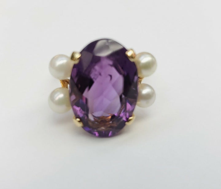 VINTAGE AMETHYST AND PEARLS RING 14K SOLID YELLOW GOLD SIZE 5.5